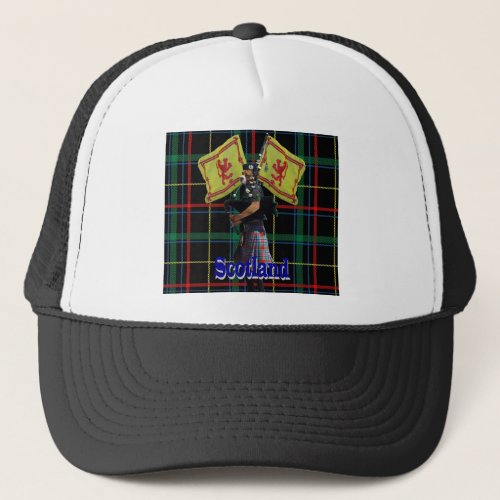 Scottish piper on tartan trucker hat