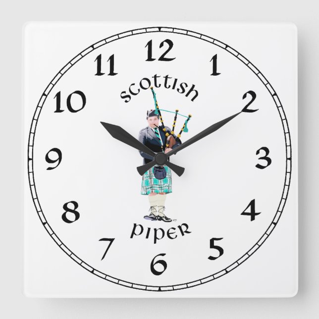 Scottish Piper - Turquoise Plaid Square Wall Clock (Front)