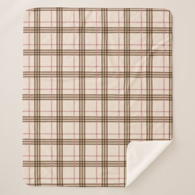 Scottish plaid pattern tartan beige brown red sherpa blanket (Front)