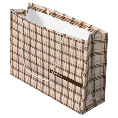 Scottish plaid pattern tartan brown beige red large gift bag