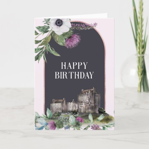 Scottish Purple Flowers Castle Birthday Card