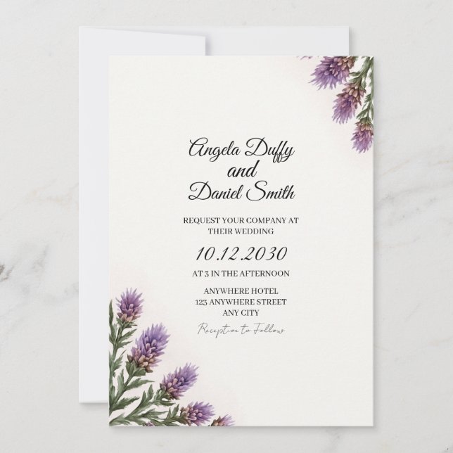 Scottish Purple Thistle Script Wedding Invitation (Front)