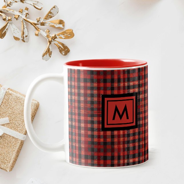 Scottish Red Gingham Tartan Pattern Monogram Two-Tone Coffee Mug (Creator Uploaded)