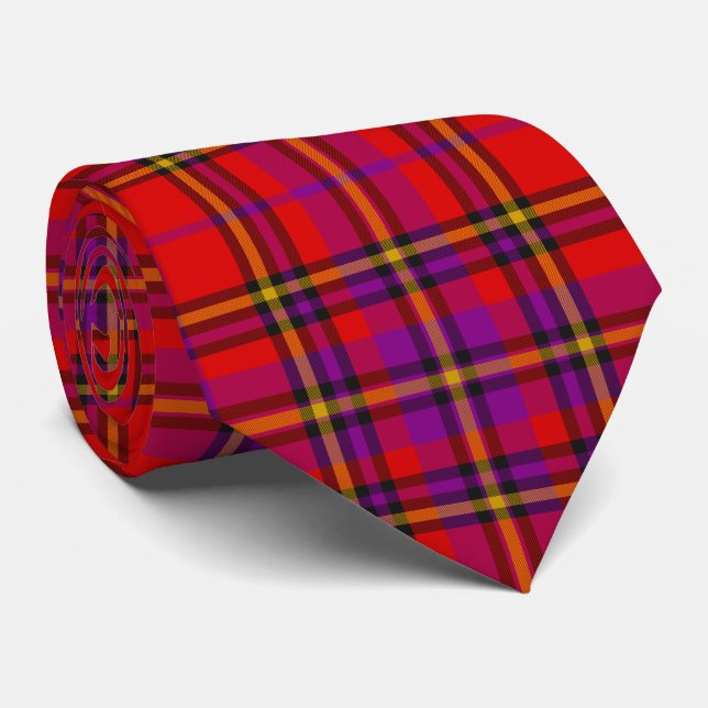 Scottish Red Purple Orange Tartan Plaid Pattern Neck Tie (Rolled)
