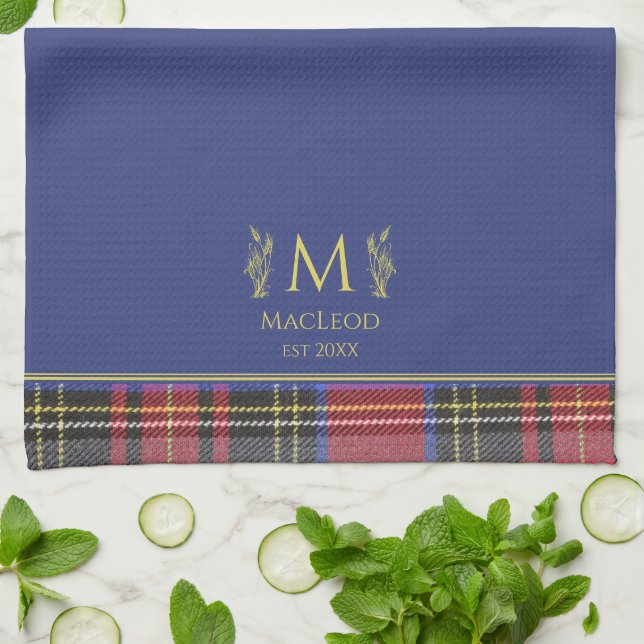 Scottish Red Tartan Customized Custom Name Blue Kitchen Towel (Folded)