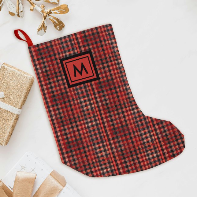 Scottish Red Tartan Gingham Pattern Black Monogram Small Christmas Stocking (Creator Uploaded)
