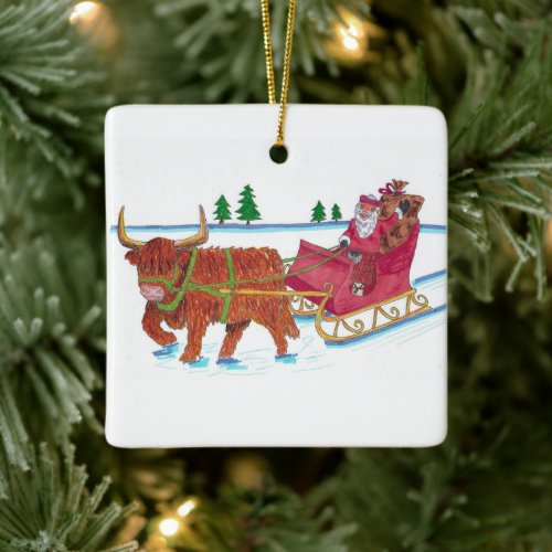 Scottish Santa with Highland Cow pulling sleigh Ceramic Ornament