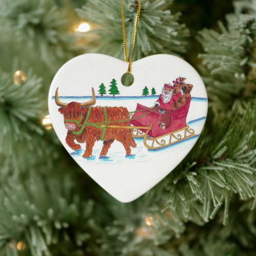 Scottish Santa with Highland Cow pulling sleigh Ceramic Ornament