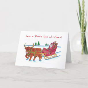 Scottish Santa with Highland Cow pulling sleigh Holiday Card