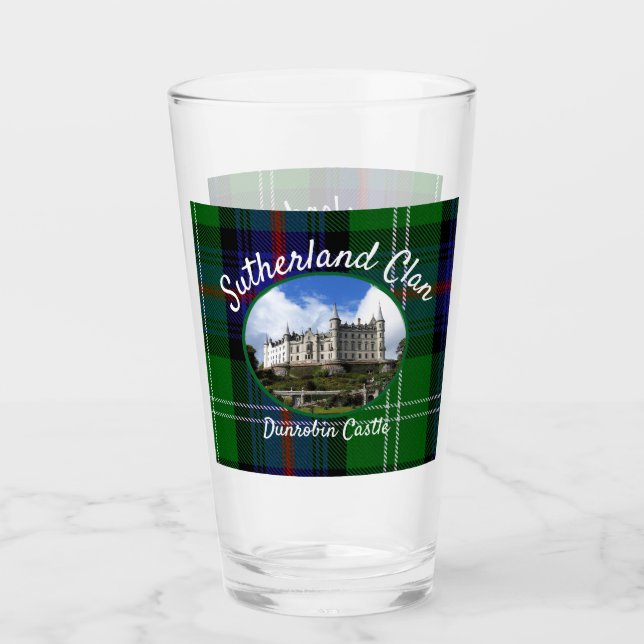 Scottish Sutherland Clan Castle Tartan Glass Cup (Front)