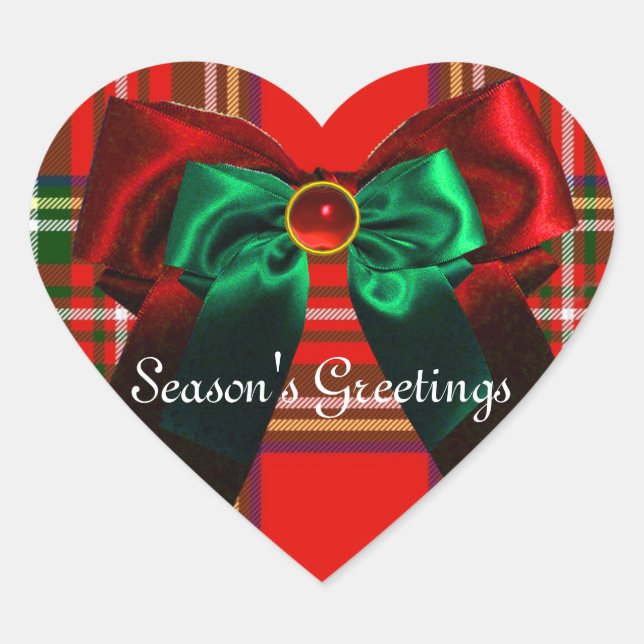 SCOTTISH TARTAN AND RED GREEN BOWS CHRISTMAS HEART HEART STICKER (Front)