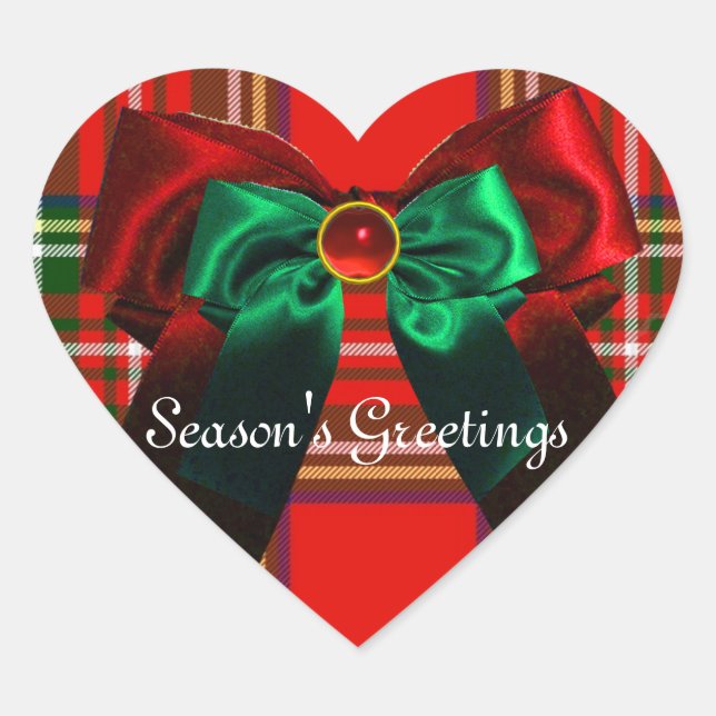 SCOTTISH TARTAN AND RED GREEN BOWS CHRISTMAS HEART STICKER (Front)