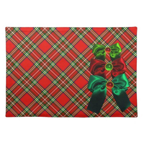 SCOTTISH TARTAN AND RED GREEN BOWS CHRISTMAS PARTY CLOTH PLACEMAT