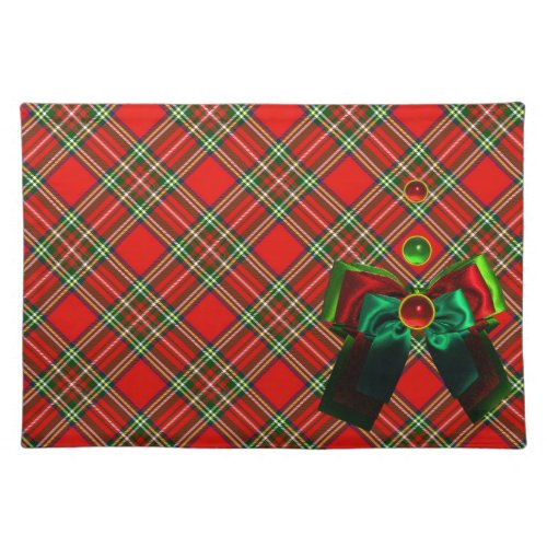 SCOTTISH TARTAN AND RED GREEN BOWS CHRISTMAS PARTY CLOTH PLACEMAT