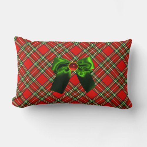 SCOTTISH TARTAN AND RED GREEN BOWS CHRISTMAS PARTY LUMBAR PILLOW