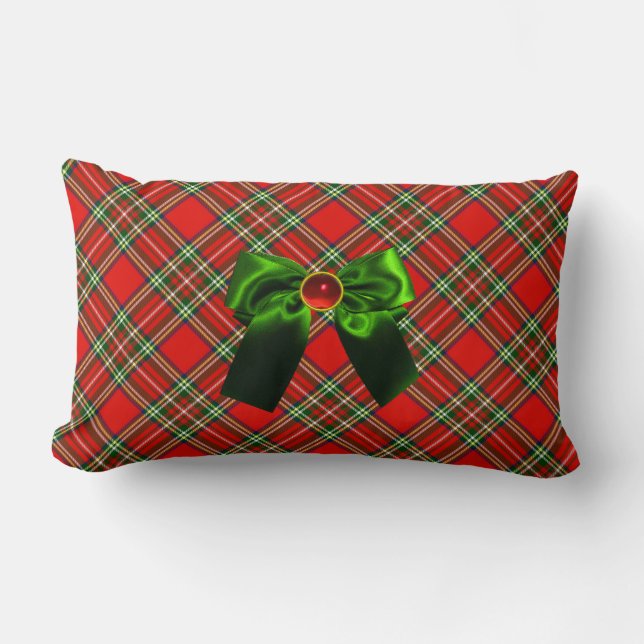 SCOTTISH TARTAN AND RED GREEN BOWS CHRISTMAS PARTY LUMBAR PILLOW (Front)