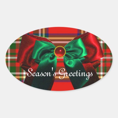 SCOTTISH TARTAN AND RED GREEN BOWS CHRISTMAS PARTY OVAL STICKER