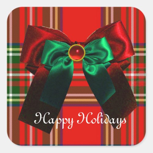 SCOTTISH TARTAN AND RED GREEN BOWS CHRISTMAS PARTY SQUARE STICKER