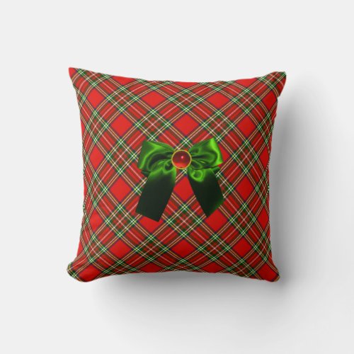 SCOTTISH TARTAN AND RED GREEN BOWS CHRISTMAS PARTY THROW PILLOW