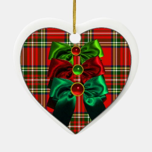 SCOTTISH TARTAN AND RED GREEN CHRISTMAS BOWS HEART CERAMIC ORNAMENT