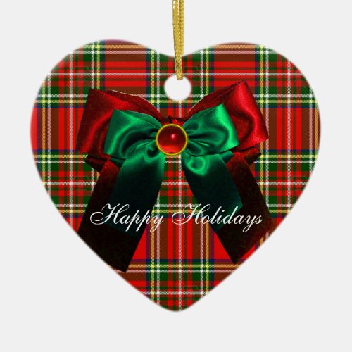 SCOTTISH TARTAN AND RED GREEN CHRISTMAS BOWS HEART CERAMIC ORNAMENT