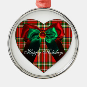 SCOTTISH TARTAN AND RED GREEN CHRISTMAS BOWS HEART METAL ORNAMENT