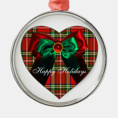 SCOTTISH TARTAN AND RED GREEN CHRISTMAS BOWS HEART METAL ORNAMENT