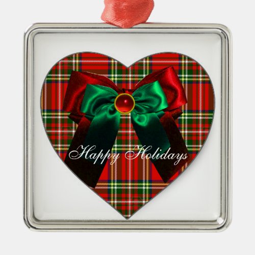 SCOTTISH TARTAN AND RED GREEN CHRISTMAS BOWS HEART METAL ORNAMENT