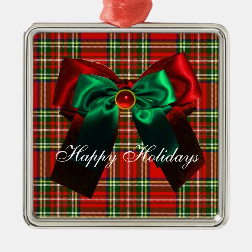 SCOTTISH TARTAN AND RED GREEN CHRISTMAS BOWS METAL ORNAMENT