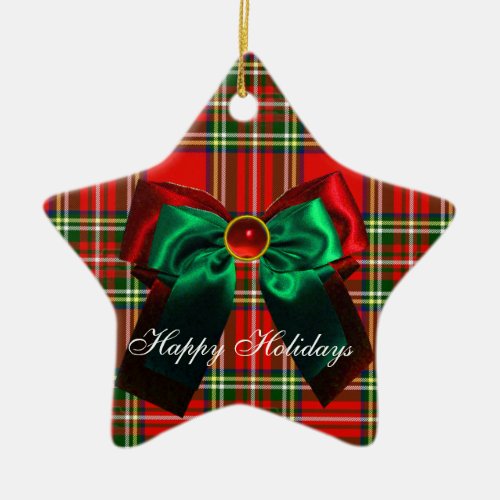 SCOTTISH TARTAN AND RED GREEN CHRISTMAS BOWS STAR CERAMIC ORNAMENT