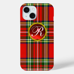 SCOTTISH TARTAN AND RED RUBY GEMSTONE MONOGRAM iPhone 15 CASE