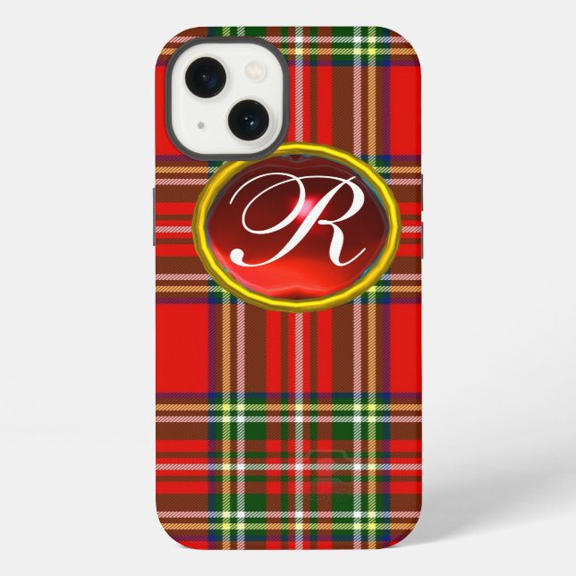 SCOTTISH TARTAN AND RED RUBY GEMSTONE MONOGRAM IPHONE CASE (Back)