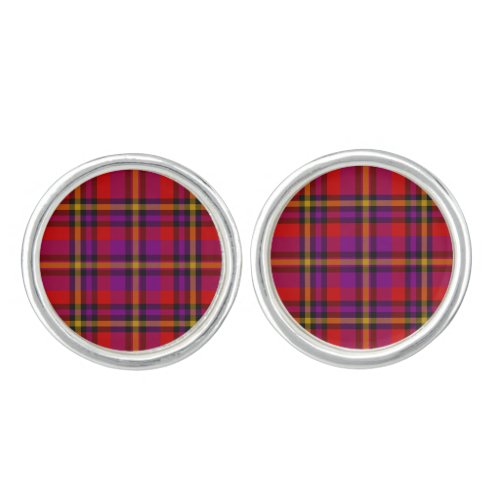 Scottish Tartan Check cufflinks Round Silver Tone