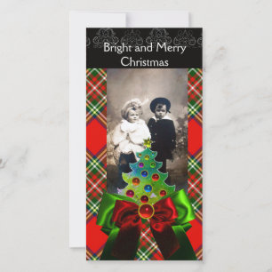 SCOTTISH TARTAN,CHRISTMAS TREE AND RED GREEN BOWS HOLIDAY CARD