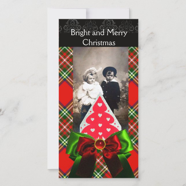 SCOTTISH TARTAN,CHRISTMAS TREE AND RED GREEN BOWS HOLIDAY CARD (Front)