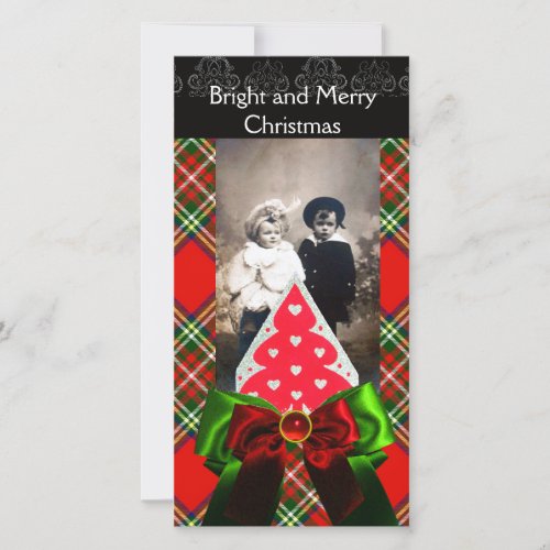 SCOTTISH TARTANCHRISTMAS TREE AND RED GREEN BOWS HOLIDAY CARD