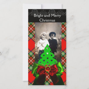 SCOTTISH TARTAN,CHRISTMAS TREE AND RED GREEN BOWS HOLIDAY CARD