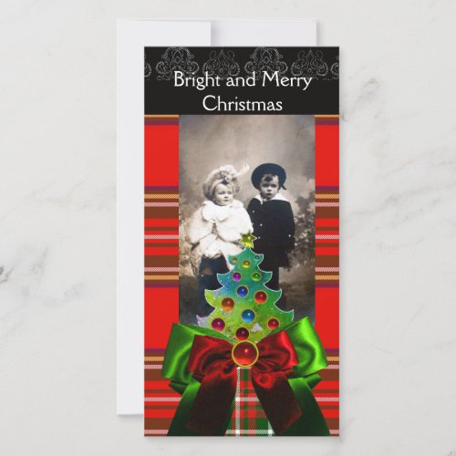 SCOTTISH TARTANCHRISTMAS TREE AND RED GREEN BOWS HOLIDAY CARD