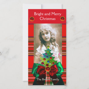 SCOTTISH TARTAN,CHRISTMAS TREE AND RED GREEN BOWS HOLIDAY CARD