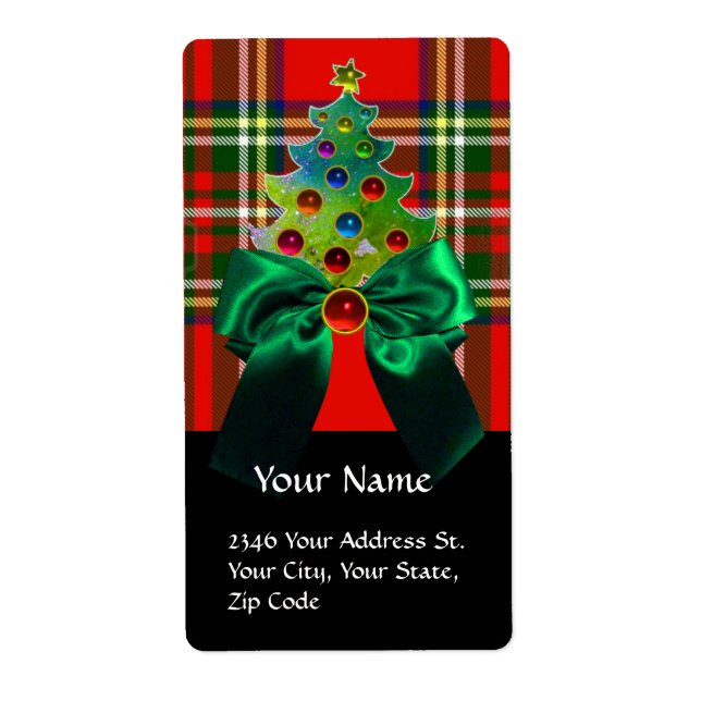 SCOTTISH TARTAN ,GREEN BOW AND CHRISTMAS TREE LABEL (Front)