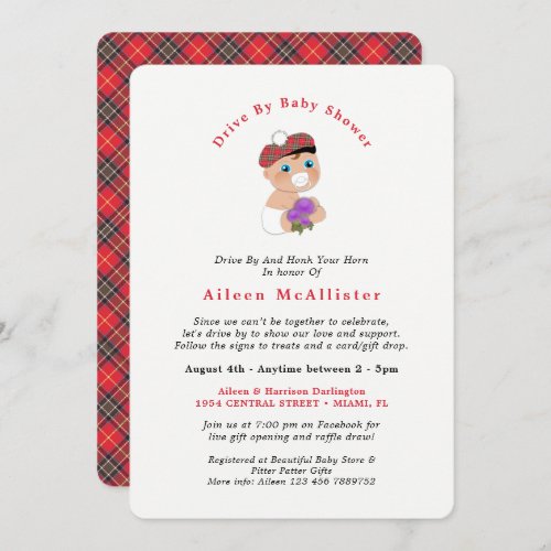 Scottish Tartan Plaid Cute Drive By Baby Shower In Invitation