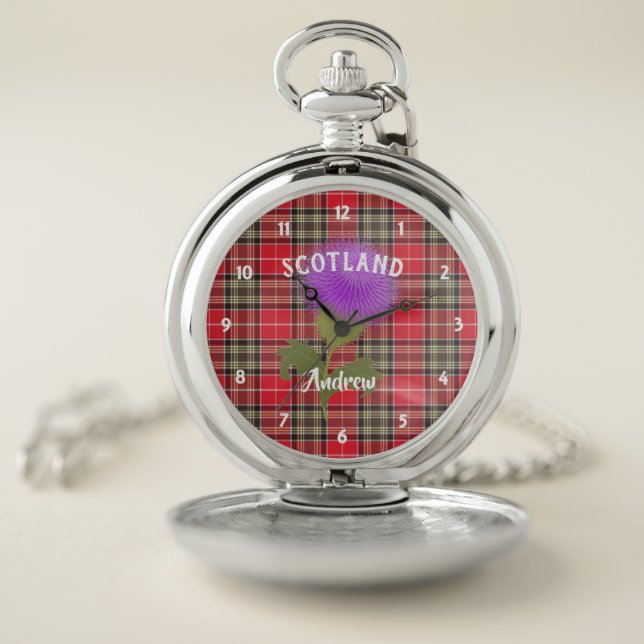 Scottish Tartan Plaid Thistle Graphic Personalized Pocket Watch (Inside)