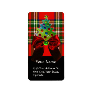 SCOTTISH TARTAN ,RED BOW AND CHRISTMAS TREE LABEL