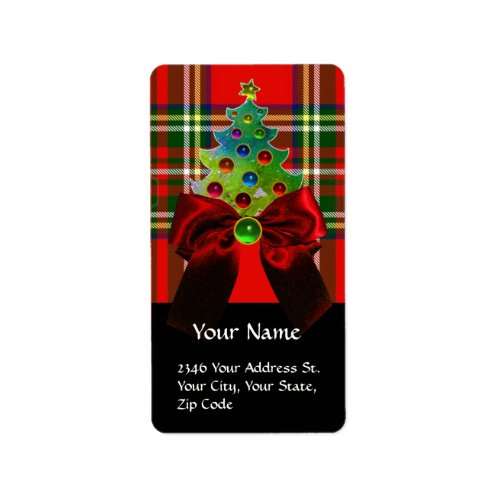 SCOTTISH TARTAN RED BOW AND CHRISTMAS TREE LABEL