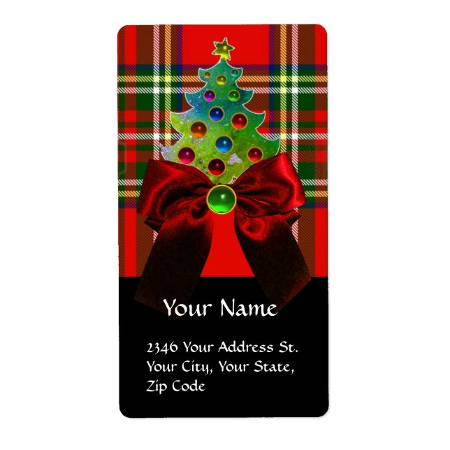 SCOTTISH TARTAN ,RED BOW AND CHRISTMAS TREE LABEL (Front)