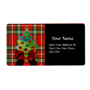 SCOTTISH TARTAN ,RED BOW AND CHRISTMAS TREE LABEL