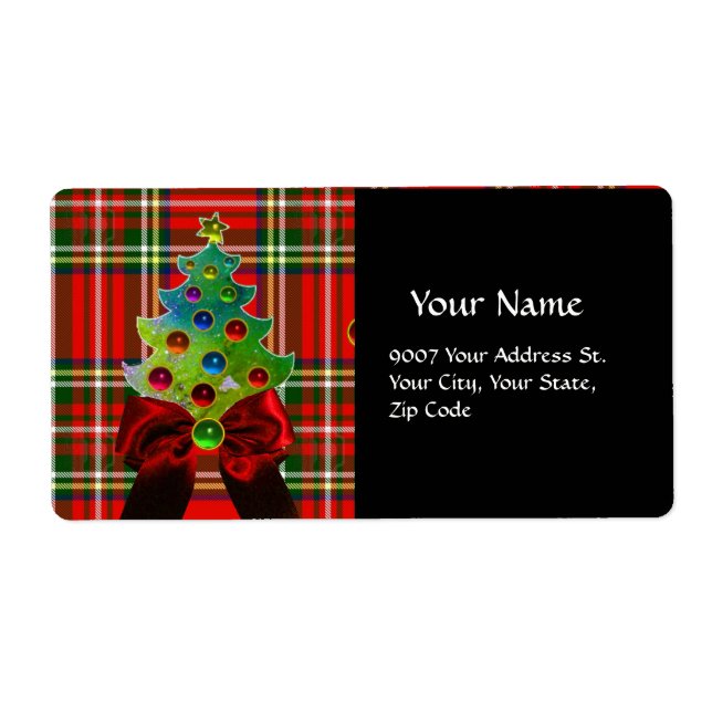 SCOTTISH TARTAN ,RED BOW AND CHRISTMAS TREE LABEL (Front)
