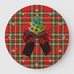 SCOTTISH TARTAN ,RED BOW AND CHRISTMAS TREE LARGE CLOCK