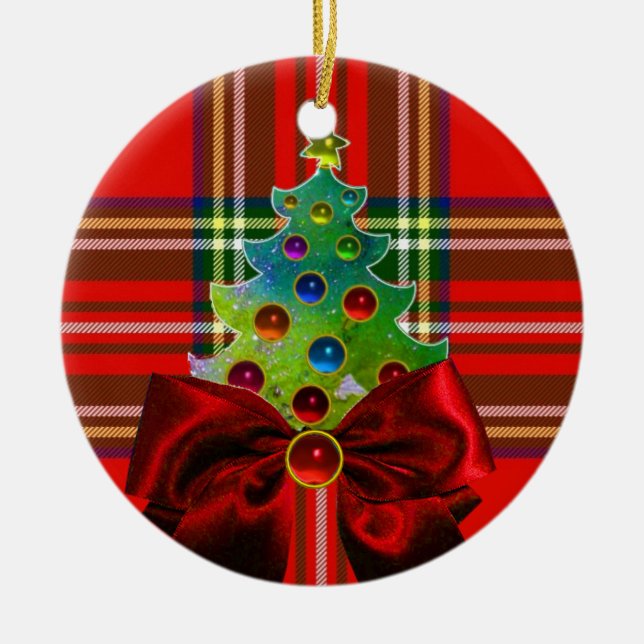 SCOTTISH TARTAN ,RED GREEN BOWS AND CHRISTMAS TREE CERAMIC ORNAMENT (Front)