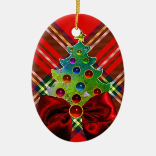 SCOTTISH TARTAN RED GREEN BOWS AND CHRISTMAS TREE CERAMIC ORNAMENT